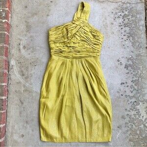 Shoshanna Dress Silk One Shoulder Mini Cocktail Chartreuse Metallic Pleated 2